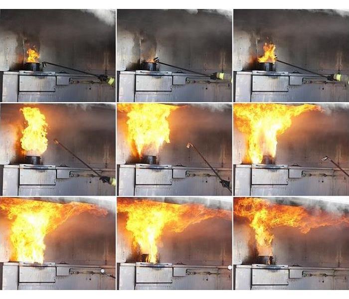 Collage of photos showing a grease fire beginning to engulfing stove and area around it